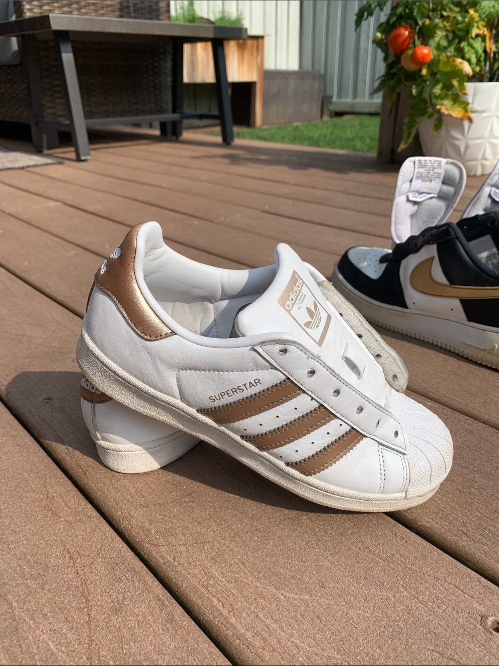 adidas White & Metallic Gold Superstar Sneakers